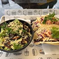 Caesar salad and the mushroom avo VGF tacos  at güd eats in Saskatoon