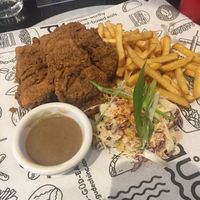 Chicken, slaw, and gravy at güd eats in Saskatoon