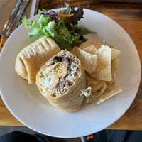 “Chickn” wrap with avocado, sour “cream”, beans and rice #Veganuary at Pulse Cafe in Hadley