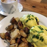 Tofu Benedict and Orzo Latte for brunch at Pulse Cafe in Hadley