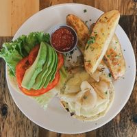 Black bean burger with soy cheese  at Pulse Cafe in Hadley