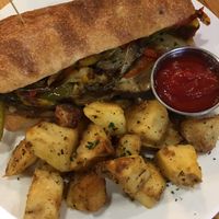 Philly cheesesteak (vegan, of course) with rosemary potatoes at Pulse Cafe in Hadley