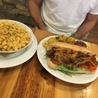 Steak sandwich with potatoes and mac n cheese at Pulse Cafe in Hadley