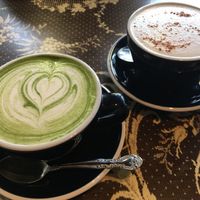 Matcha latte and chai tea latte with soy milk. at Curio Espresso and Vintage Design in Kanazawa