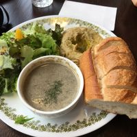 The hummus plate. Bread, soup, salad, hummus w/ olive oil. at Curio Espresso and Vintage Design in Kanazawa