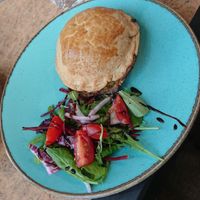 Cauliflower, broccoli, and cheese pie with side salad, and a cup of green tea at Lochinver Larder in Lochinver