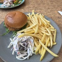 Vegan Jackfruit Burger with fries and vegan coleslaw. Cake not pictured as the takeaway did not survive the single track road.  at Lochinver Larder in Lochinver