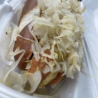 European dog on pretzel bun  at Mad Dogs Hot Dogs in Venice
