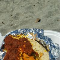 Vegan dog with vegan chili, relish and onions on a gluten free bun, perfect beach day! at Mad Dogs Hot Dogs in Venice