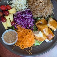 Trio Rainbow with sweet potato noodles and teriyaki tofu at Greens Garden Round Rock in Round Rock