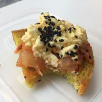 kimchi bruschetta with tofu egg on homemade bread! at Vegan Yes in East London