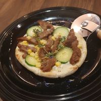 Baguette with vegan mayo and soy meat chunks. Was served pizza-style on the day I went at Loca Kitchen in Tokyo