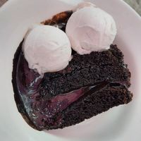 Chocolate fudge cake with vanilla iced dessert at Cavens Arms in Dumfries