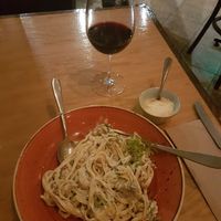 Vegan cream and mushroom with vegan 'chicken', vegan parmesan and a vegan red. So good!! at Versachi Pizza and Wine Bar in South Yarra