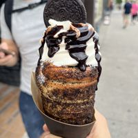 Oreo chocolate chimney cone with vanilla soft serve  at Eva's Original Chimneys in Toronto