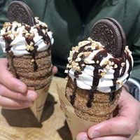 WE LOVE EVA'S CONES!! We normally get the peanut butter one and ask for an oreo instead of a reese's cup to make it vegan and obviously ask for the vegan option!! our fave!!   at Eva's Original Chimneys in Toronto