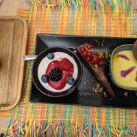 Dessert trio: panna cotta, brownie, fruit soup (from left to right) at Les Baux Jus in Les Baux-de-provence