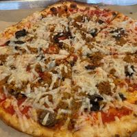 vegan sausage + cheese, mushroom pizza  at Need Pizza in Cedar Rapids