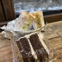 “Fancy Seitan” and cookies and cream frosted chocolate cake  at Brooklyn Natural Market in Brooklyn