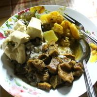 Three sauces on rice. This plus one big taro-filled spring roll with peanut sauce was 50 Baht.  at Thai Vegetarian Food in Chiang Mai