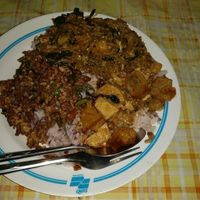 mixed plate of 4 dishes on rice.  at Thai Vegetarian Food in Chiang Mai