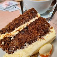 Vegan carrot cake and oat milk latte at Cantina in Paignton