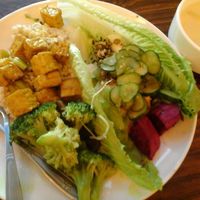 A meal: Germinated brown rice, tofu, Romaine lettuce, cucumbers, beets, broccoli at Shu Xing - Healthy Vegetarian Food in Kaohsiung