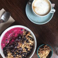 Dragon’s blood smoothie bowl and an oat milk cappuccino  at Beetnut in Zurich