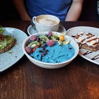 Avocado kale toast, Aloha Bowl, Choco banana toast, almond milk latte. at Beetnut in Zurich