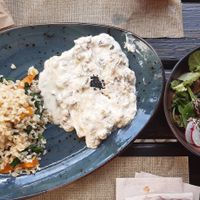 Tofu with cream + rice with vegetables at Raizes in Quarteira