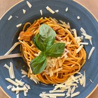 Spaghetti bolognese with tempeh   at Raizes in Quarteira