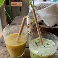 Mango-passion-pineapple smoothie & soy matcha iced latte at Big Bite Home Style Veggie Cafe in Koh Tao