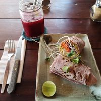 Yummi Wrap with Pumpkin and Purple Juice at Big Bite Home Style Veggie Cafe in Koh Tao