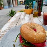 Bagel and juice at Nude Cafe in Ibiza