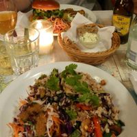Burger and Rice with Tofu. at Atlas Bar in Copenhagen