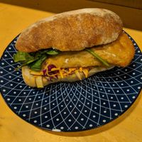 Vegan schnitzel sandwich, huge! at The Organic Food and Wine Deli in Melbourne