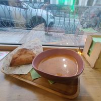 Tomato soup and Tartar vegan triangle (Echpochmak
) at Green Life Cafe in Kazan