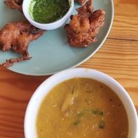 Lentil soup and  Pakoras (cauliflower fritters) at Gaia Loja Restaurante in Rogil