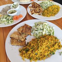 Caramelized tofu with quinoa and salad , Tempeh with quinoa and salad at Gaia Loja Restaurante in Rogil