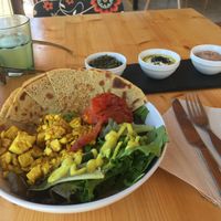 Brunch breakfast (scrambled tofu with galettes and different sauces)  at Gaia Loja Restaurante in Rogil