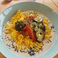 Pasta with cashew+cauliflower cream at Gaia Loja Restaurante in Rogil
