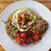 Buckwheat with braised cabbage, squash and bean purée   at Gaia Loja Restaurante in Rogil