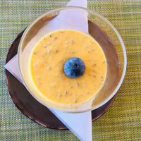 Mango mousse with chia seeds  at Gaia Loja Restaurante in Rogil