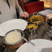 Rice, tarka dahl, okra dish  at Navadhanya in Cambridge