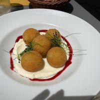 Bean balls with cream cheese, raspberry and chive sprouts - very tasty! at Soul Kitchen in Genoa