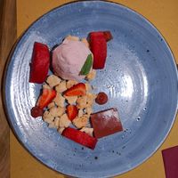 Semifreddo anguria e fragole, crumble di frolla, anguria fresca e gelatina at Soul Kitchen in Genoa