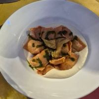 Ravioli filled with albergine and vegan provolone fondue at Soul Kitchen in Genoa
