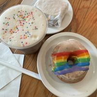 Pride iced coffee, breakfast sandwich and pride donut    at Mud Pie Vegan Bakery and Coffee in Mission