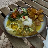 rice, chips & vegan egg   at Armazem Integral in Portimao