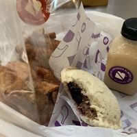 Superfood PB&J, vanilla lavender almond milk, chips (front left), and cinnamon sugar bites (back left) at PBJ.LA in Los Angeles